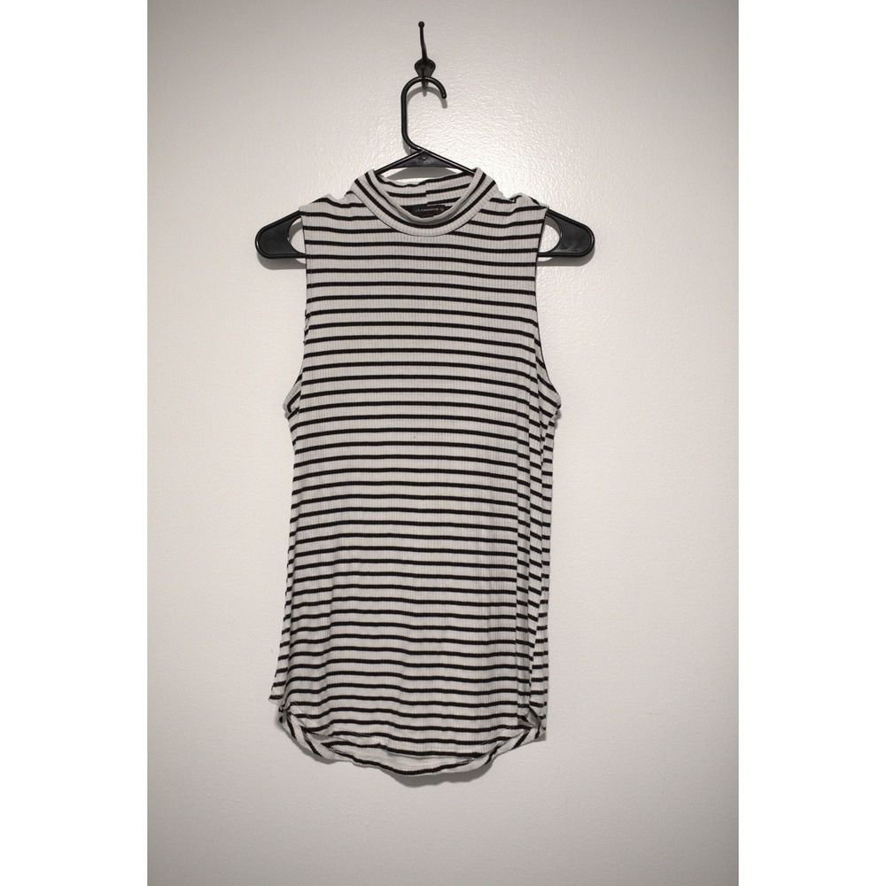 Flashmob Womens Black White Striped Ribbed Mock Neck Sleeveless Top Medium